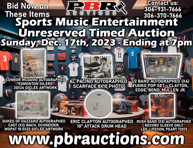 Sports Music Entertainment Unreserved Timed Auction - Sunday, December 17th, 2023 - Ending at 7pm in Arts & Collectibles in Winnipeg
