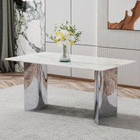 Ivy Bronx Modern Minimalist Dining Table. White Imitation Marble Glass Sticker Desktop, Stainless Steel Legs, Stable And