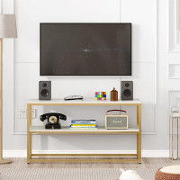 Mercer41 TV Stand For Tvs Up To 50 Inch, 3 Tier Entertainment Centre, Modern TV Cabinet With Marble Top And Gold Metal B