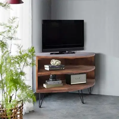 Latitude Run® Fan Shape Reclaimed Wood Corner Media Table For Living Room Wise Use Your Space
