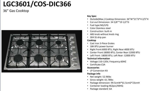 NEW STAINLESS STEEL 30 IN & 36 IN GAS COOKTOP in Stoves, Ovens & Ranges in Winnipeg - Image 2