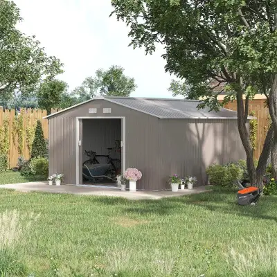 11.2 x 12.7 x 6.6’ Large Galv Steel Outdoor Storage Tool Work Shed for Garden Backyard, Lt Grey