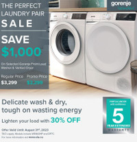 Gorenje WEI843HP compact washer and DP7C vented dryer pair reg $2,999 promo sale $1999