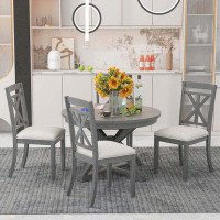 Gracie Oaks 5-Piece Retro Functional Dining Table Set Extendable Round Table and 4 Upholstered Chairs