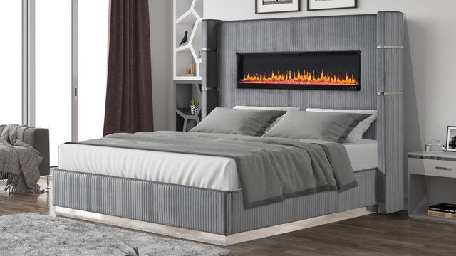 Spring Sale!!  Beautiful Black Upholstered bed with Builtin Fireplace place &amp; Bluetooth speaker dans Lits et matelas  à Région d’Edmonton - Image 4