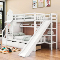 Harriet Bee Twin Over Twin Wood Bunk Bed With 2 Drawers,Shelves And Slide