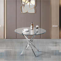 Wrought Studio Contemporary Round Clear Dining Tempered Glass Table With Silver Finish Stainless Steel Legs