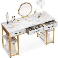 Mercer41 ODK White Marble & Gold Leg Vanity Desk, 48-Inch Makeup Table With Storage Shelves & Fabric Drawers, Ideal For