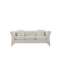 House of Hampton Modern Chesterfield Curved Sofa Tufted Velvet Couch 3 Seat Button Tufed Couch With Scroll Arms And Gold