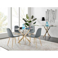 East Urban Home Tierra Chrome Metal and Glass Round Dining Table Set with 4 Faux Leather Upholstered Dining Chairs