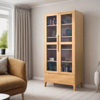 WOOD PEEK LLC Solid Wood Bookcase Floor-To-Ceiling Household Dustproof Two-Door Bookcase Glass Door Storage Shelf Simple