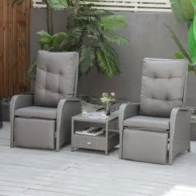 3pc Premium PE Rattan Wicker Aluminum Recliner Lounge Chairs Patio Set w Cushions, Table, Grey