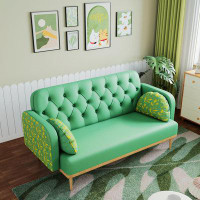 Winston Porter Loveseat Sofa With Tulip Pattern Modern Upholstered Two Seater PU Sofa With 2 Dumpling-Shaped Throw Pillo