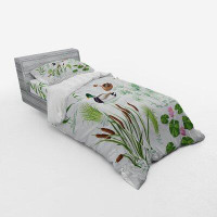 East Urban Home Lake Animals and Plants with Lily Flowers Reeds Cane in the Pond Nature Park Duvet Cover Set