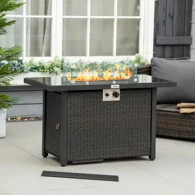 43in 50,000 BTU Propane Gas Fire Pit Table, Glass Top, Stones Wind Shield Cover, Dk Brown Rattan