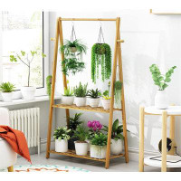 Arlmont & Co. Hanging Plant Shelf Indoor Outdoor Plant Stands Wood Flower Stand 2 Tiered Bamboo Plant Shelves Holder Rac