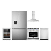 Cosmo 5 Piece Kitchen Package With 36" Freestanding Gas Range 36" Wall Mount 24" Built-in Fully Integrated Dishwasher Fr