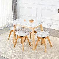 Corrigan Studio Elegant White Stone Desk & 4 Modern Rotating Chairs With Pu Cushions, Rubber Wooden Legs