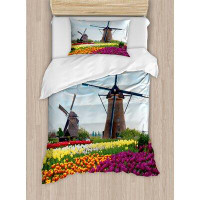 Ambesonne Windmill Bedding Plants of Netherlands Farm Country Heritage Historical Architecture Duvet Cover Set