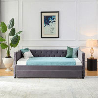 Tryimagine Daybed With Trundle Sofa Bed, Upgraded Velvet Upholstered Sofa Bed, With Button And Copper Nail On Square Arm