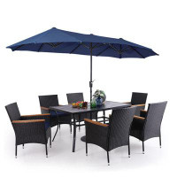 Lark Manor 7-piece Metal Steel Outdoor Pe Rattan Wicker Dining Set With Umbrella, Navy Blue Cushions, Rectangular Dining