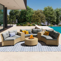 Hokku Designs [video Provided] U_style 6 - Person Fan-shaped Rattan Suit Combination With Cushions And Table,suitable Fo