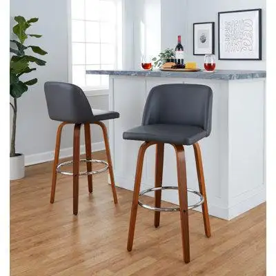 LumiSource Toriano 30" Mid-Century Modern Fixed-Height Barstool With Swivel In Walnut Wood And Grey Faux Leather With Ro