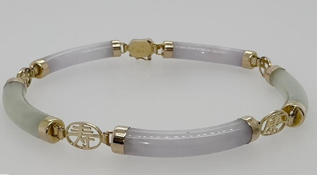 #308 - 14k Yellow Gold, Lavendar &amp; Green Jadeite Custom Bracelet, Box Clasp, 8” Length in Jewellery & Watches - Image 3