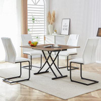 17 Stories Modern Minimalist Lifting Table Set With Wood Grain Finish And Black Metal Legs, Including 4 Faux Leather Cha