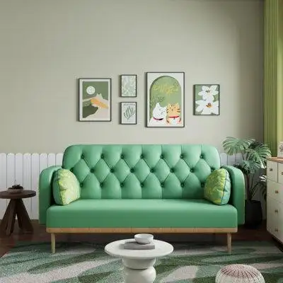 Latitude Run® Green Loveseat Sofa With Tulip Pattern Modern Upholstered Two Seater PU Sofa With 2 Dumpling-Shaped Throw