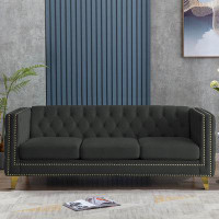 Mercer41 Elegant Style Button Tufted And Nailhead Decoration Three-Seat Sofa With Gold Metal Legs, For Indoor Use