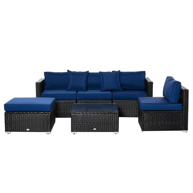 6pc PE Rattan Wicker Conversation Sectional Sofa Patio Seating Set w/ Cushions – Black, Blue in Patio & Garden Furniture in British Columbia - Image 2
