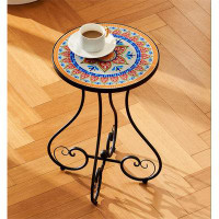 Fleur De Lis Living Outdoor Side Table And Mosaic Plant Stand, Round End Table With 14" Ceramic Tile Top, 21" Tall Indoo
