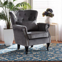 Rosdorf Park Fletcher Classic And Traditional Grey Velvet Fabric Upholstered And Dark Brown Finished Wood Armchair