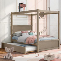 yzhang27 Dubbo Wood Canopy Bed With Trundle Bed Full Size Canopy Platform Bed With Support Slats