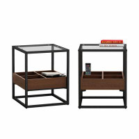 17 Stories Modern Coffee Table Side Table With Storage Shelf and Metal Table Legs for Bedroom set of 2