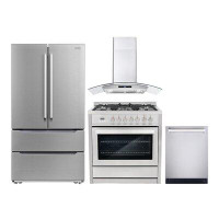 Cosmo 4 PC Kitchen Set with 36" Dual Fuel Range 36" Wall Mount Range Hood 24" Dishwasher & Refrigerator
