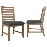 Gracie Oaks Gracie Oaks Saunders Slat Back Dining Side Chairs | Set Of 2 | Grey Upholstered Padded Seat | Brown Acacia W