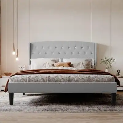 Winston Porter Bonsoir King Size Bed Frame Upholstered Traditional Low Profile Platform With Tufted Wing Back Headboard/