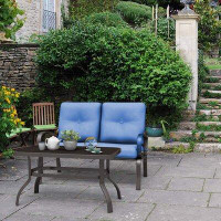 Charlton Home Charlton Home 2pc Patio Loveseat Coffee Table Furniture Set Bench W/ Cushions Blue
