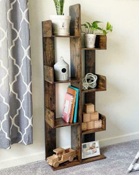Industrial Vintage Wood Bookcase Tall Bookshelf Storage Corner Wall Ladder Shelf Organizer