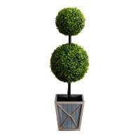 Primrue 3ft. Artificial Double Ball Boxwood Topiary with LED Lights in Decorative Planter (Indoor/Outdoor)
