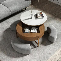 Everly Quinn Lift Top Extendable 3 Storable Stools Sintered Stone Coffee Table with Storage