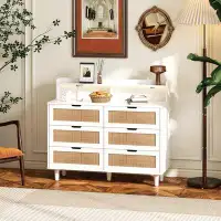 Bay Isle Home™ 43.31"6-Drawers Rattan Storage Cabinet Rattan Drawer with LED Lights and Power Outlet