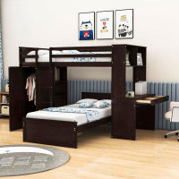 Harriet Bee Curt Kids Twin Over Twin 2 Drawers Wood Bunk Bed with Built-in-Desk and Shelves