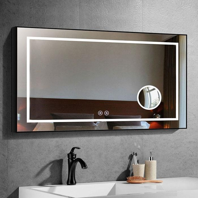 LED Bathroom Mirror (60, 48 or 36x28) w Touch Button, Anti Fog, Dimmable & Magnifier w Horizontal Mount in Floors & Walls