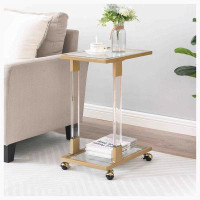 Mercer41 Golden Side Table, Acrylic Sofa Table, Glass Top C Shape Square Table