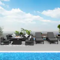 Latitude Run® 11 Pieces Outdoor Aluminum Fire Pit Sofa Set with Cushions and Tables