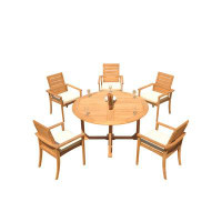 Teak Smith Grade-A Teak Dining Set: 60" Round Table And 5 Algrave Stacking Arm Chairs