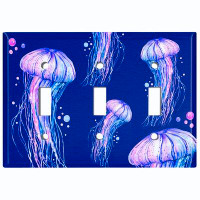WorldAcc Metal Light Switch Plate Outlet Cover (Jelly Fish Pink Party Dark Blue  - Triple Toggle)
